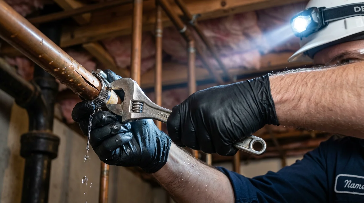 Emergency pipe clamp repair being performed by a Johns Plumbing LLC plumber in Monaca