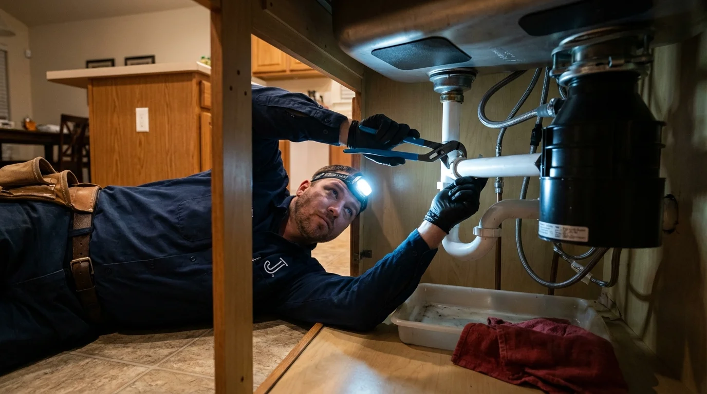 P-trap and supply line connections under a kitchen sink showing a common leak point in Monaca, PA